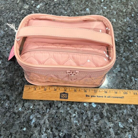 New Pink Quilted Heart Makeup Bag – Clear Top Travel Cosmetic Case - Picture 10 of 11